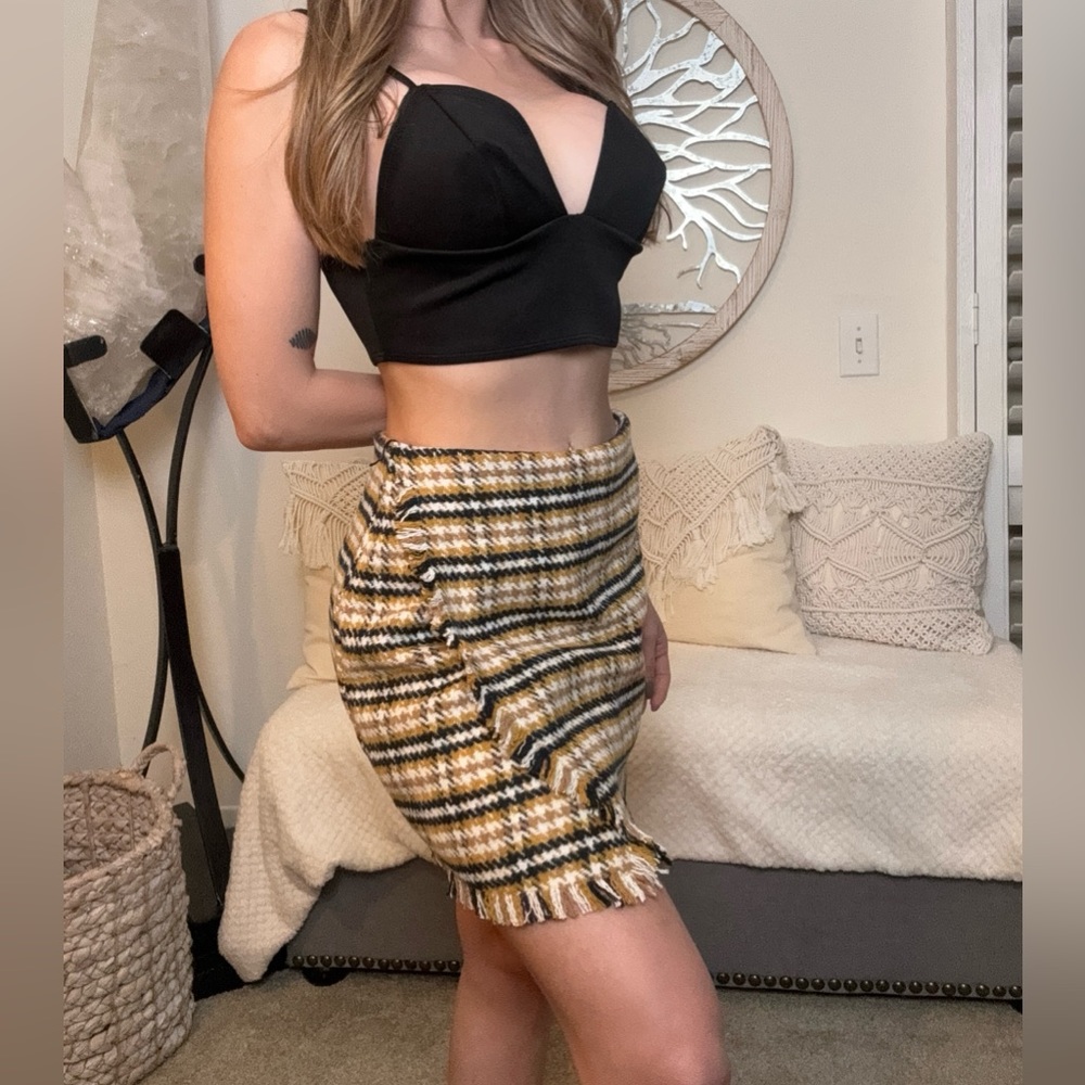 FASHION NOVA (NWOT) Wool Plaid Skirt. Yellow Navy White - Picture 2 of 6